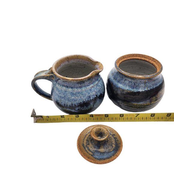 Hand Made Pottery Sugar with Lid and Creamer Set Blue Brown Rustic Clay Artisan - Picture 3 of 8
